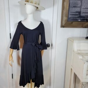 Soft Surroundings Black V-Neck Tie Waist Ruffle Hem Midi Dress XSP